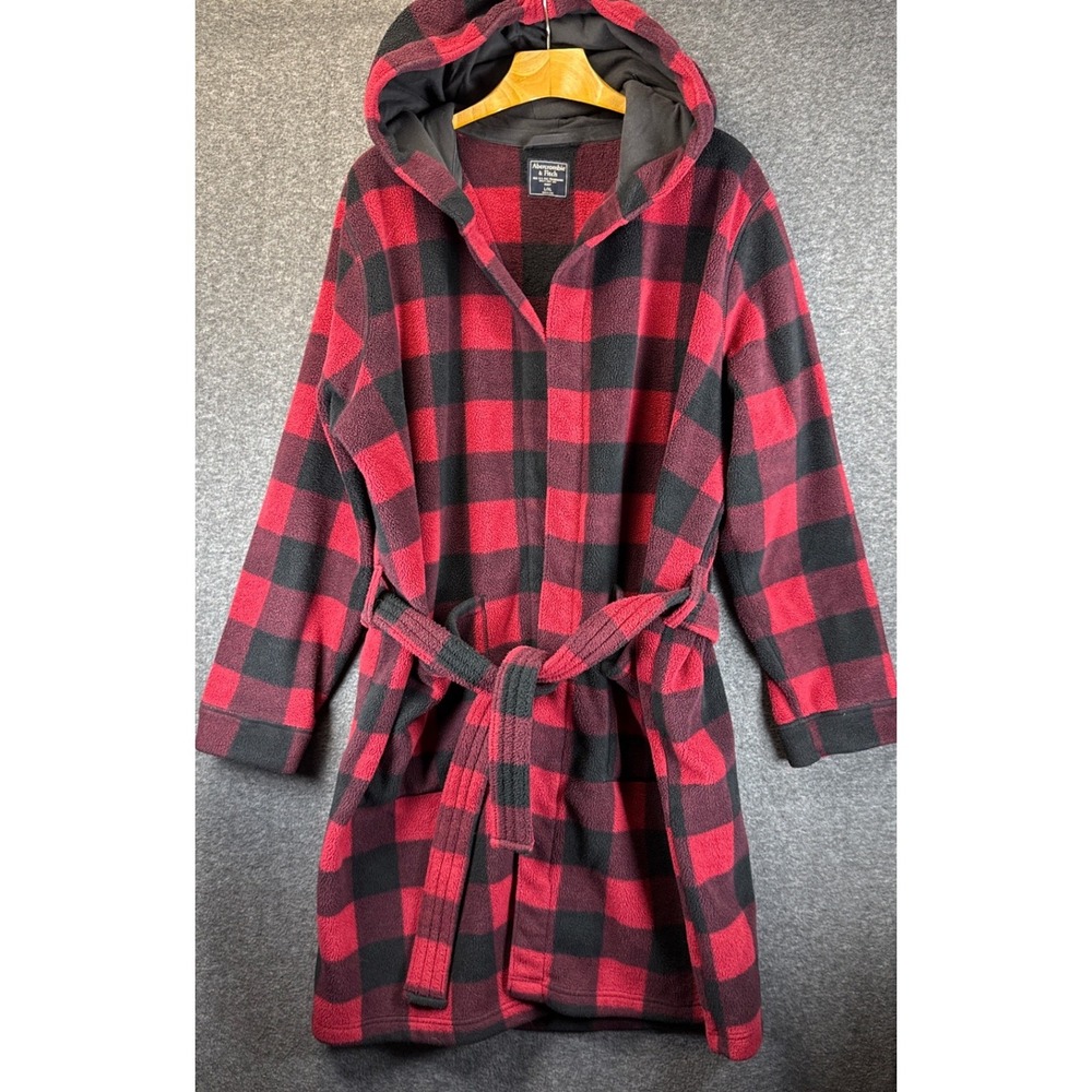 Abercrombie & Fitch Robe Men L/XL Red Buffalo Plaid Hooded Fleece Robe Sleepover